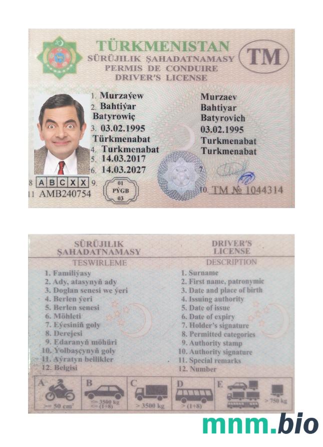 Szablon prawa jazdy Turkmenistanu w formacie PSD, ze wszystkimi czcionkami